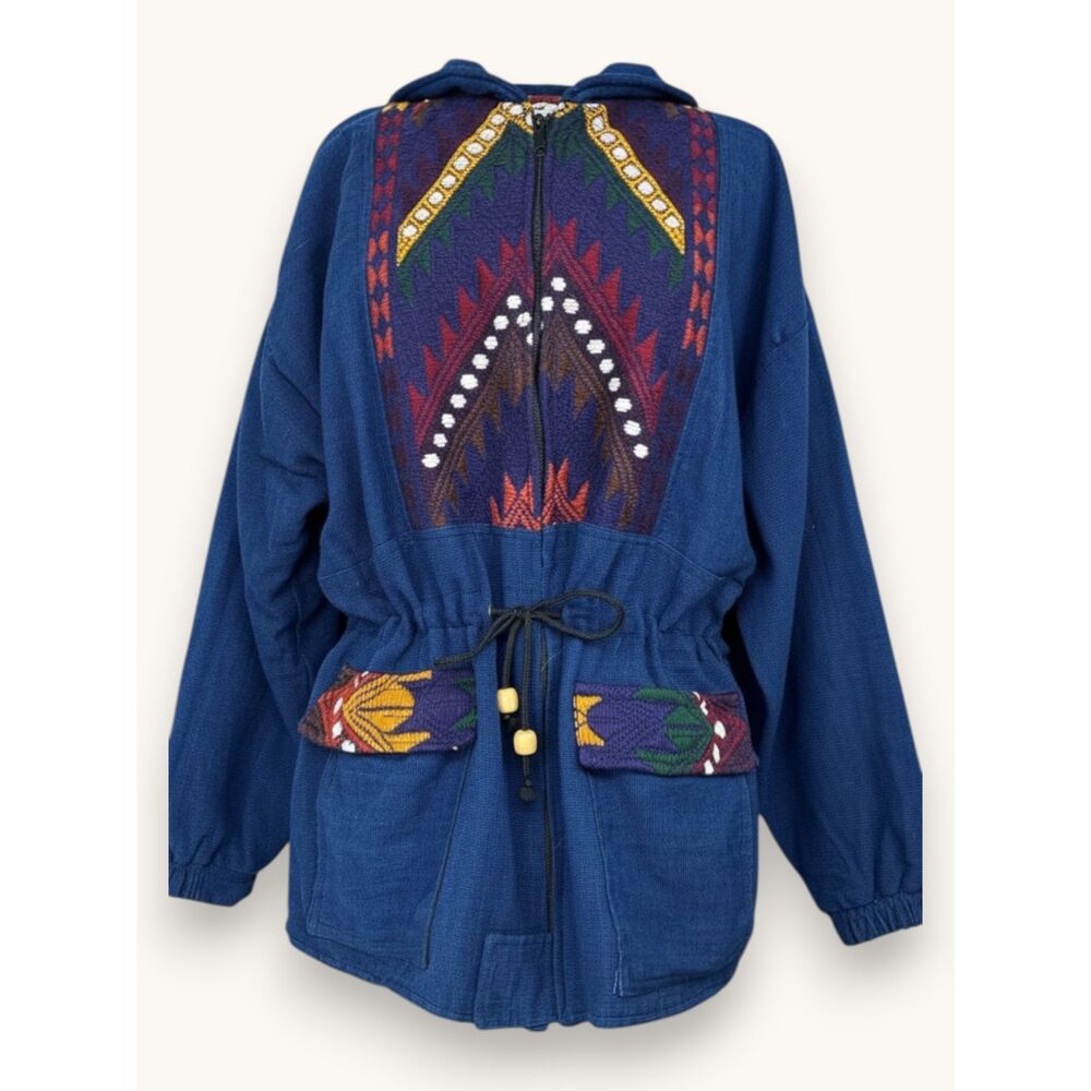 Guatemalan 100% Cotton Blue Woven Jacket XL Boho Geometric Handmade